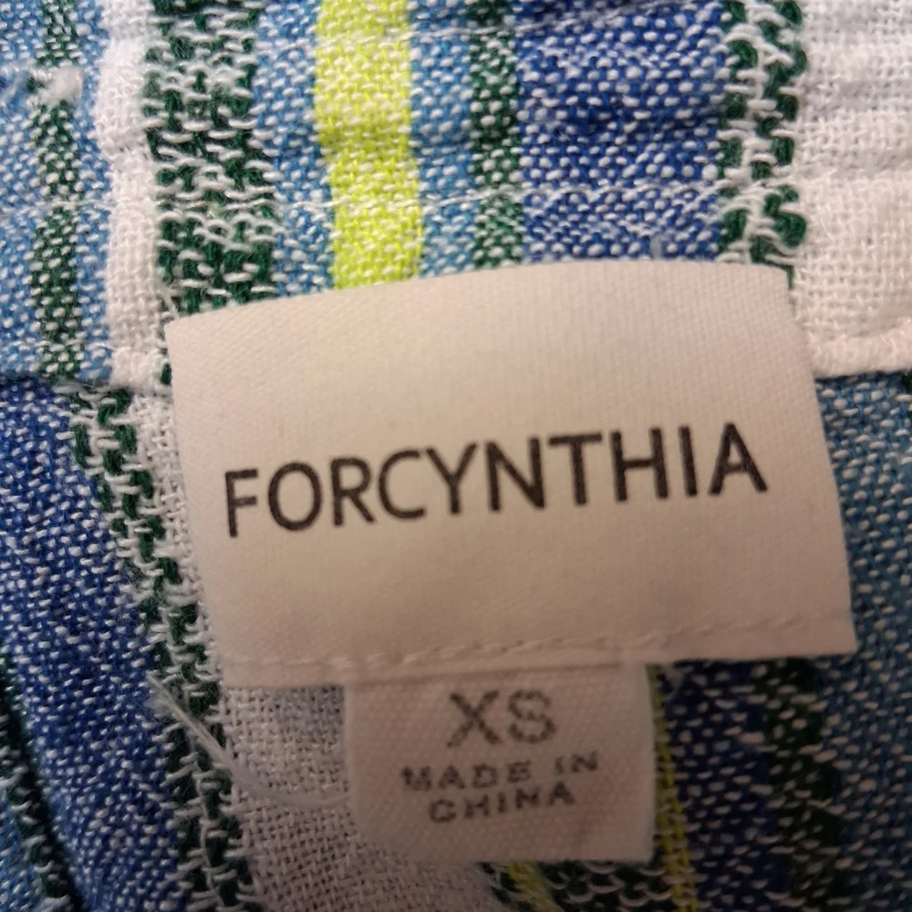 For Cynthia Blue and Green Striped Mini Dress Women Sz XS 55%Lino 48% Viscose - Picture 2 of 16